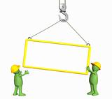 Builders - puppets, lowering a frame on a hook
