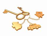 Two 3d gold keys with three labels 
