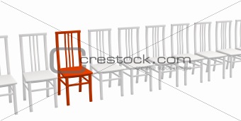 One 3d red chair in a row of white chairs