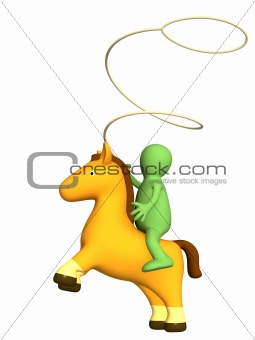 3d cowboy - puppet with lasso, sitting horseback