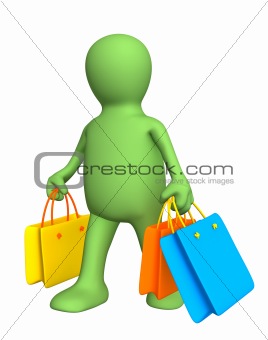 3d person - puppet, carrying packages with purchases
