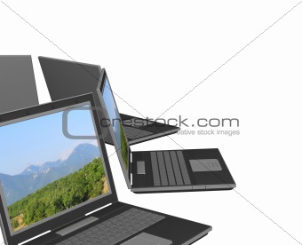 Four 3d laptop, located by a semicircle