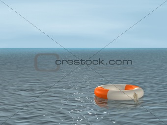 3d bright lifebuoy ring, floating on waves