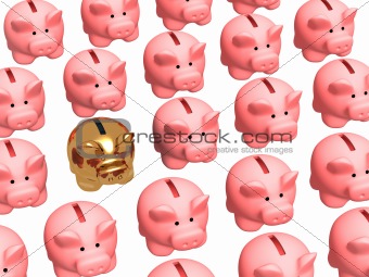 Gold pig coin box, worth in a rows of usual coin boxes