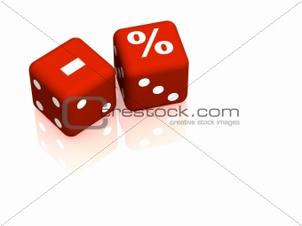 Red playing bones with symbols minus and percent