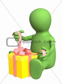 3d person - puppet, fastening a tape on a gift