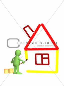 3d person - puppet, drawing by a brush sketch of a house