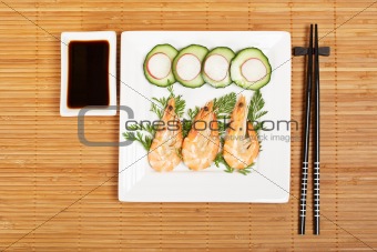 Plate of prawns with soy sauce