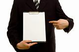 Businessman holding a blank notepad