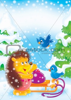 Hedgehog and birds in winter forest