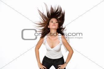 woman with angel wings flinging her hair