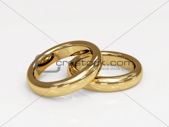 Two 3d gold wedding ring, laying on a glossy surface