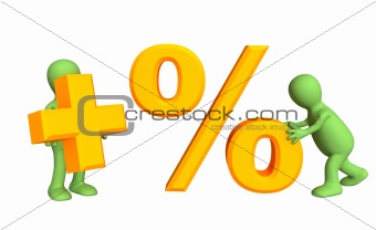 Two 3d persons, holding in hands symbols plus and percent