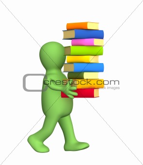 3d person - puppet, carrying a pile of books