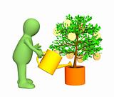3d gardener, watering a tree with growing gold coins