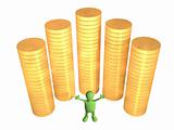 Joyful 3d puppet, worth near to columns of gold coins