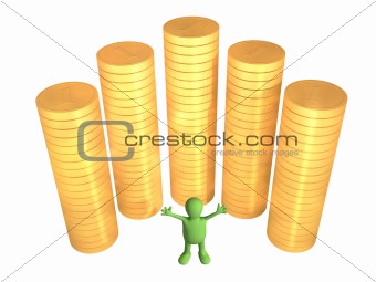 Joyful 3d puppet, worth near to columns of gold coins