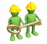 Two builders - puppets, holding in hands a gold key