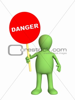 3d person - puppet,  holding in a hand sign danger