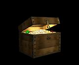The open wooden 3d chest, filled with treasures 