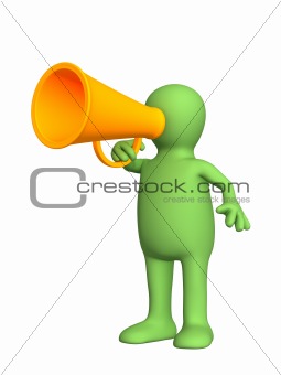 3d person - puppet with an orange megaphone 