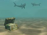 3d sharks floating above a box with treasures