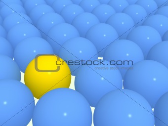 3d yellow sphere among blue spheres