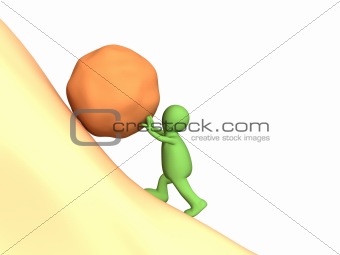 3d person puppet pushing uphill a heavy stone