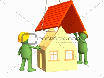 The 3d working puppets building the house