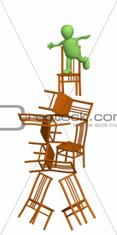 3d puppet, balancing at top of a pyramid from chairs