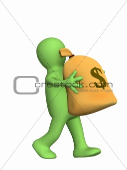 3d puppet, carrying in hands the big bag of money