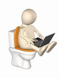 3d puppet, sitting with a notebook on toilet bowl