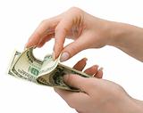 US Dollars in woman's hand, isolated with clipping path