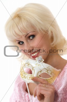 A doll-looking woman under the venetian mask.