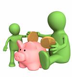 Adult and child together lowering coin in piggy bank