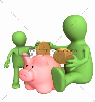 Adult and child together lowering coin in piggy bank
