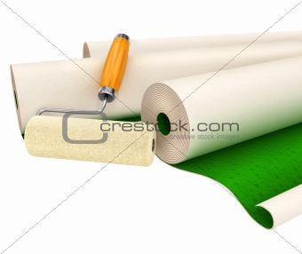 wallpapers and roller tool for house repairing isolated