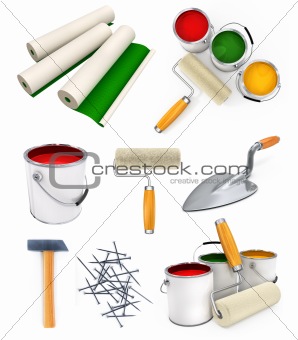 collection of isolated working tools for house repairing