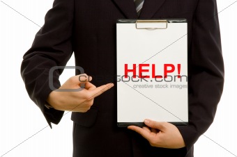 'HELP!' text on clipboard in the hand of a businessman