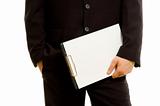 Businessman holding a blank notepad. Room for your text.