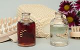 Cosmetic accessories and two bottles with oil and