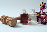 Cosmetic accessories and two bottles with oil and