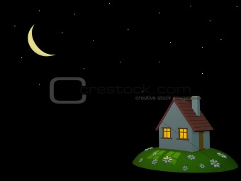 3d house on a hill, on a background of the night sky
