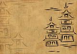 Ancient Japanese houses, drawn by ink on a rice paper