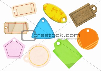 Set of multi-coloured volumetric labels. Plastic, a cardboard, a