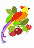 The bright tropical bird sitting on a branch of a cherry tree