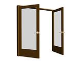 3D open brown doors with transparent glasses