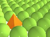 3d orange pyramid among green spheres