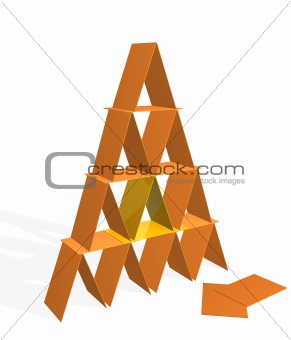3d pyramid from plastic cards of orange and yellow colors