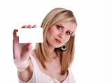 women with card. Focus on card 